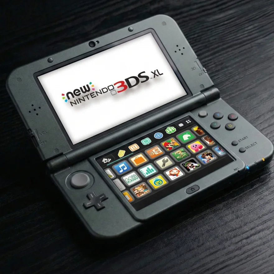 New Nintendo 3DS XL op een zwarte houten tafel