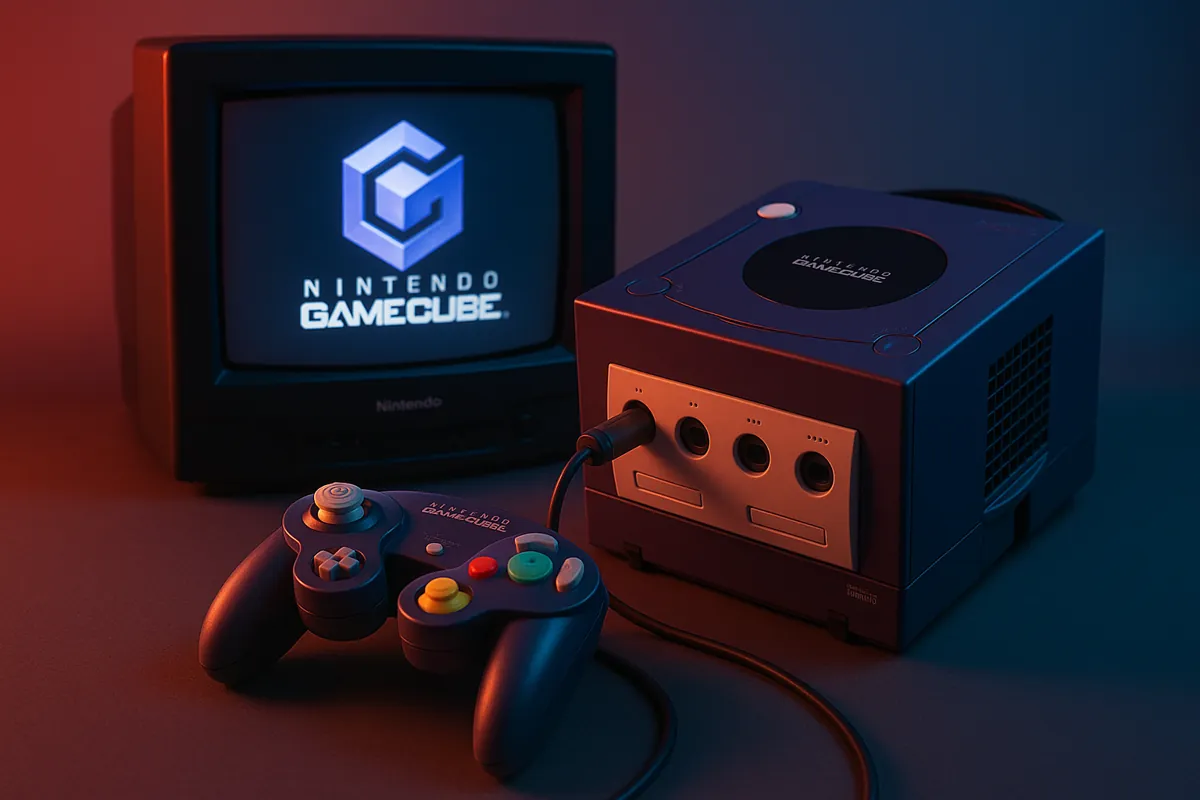 GameCube met het opstartlogo op een oude televisie