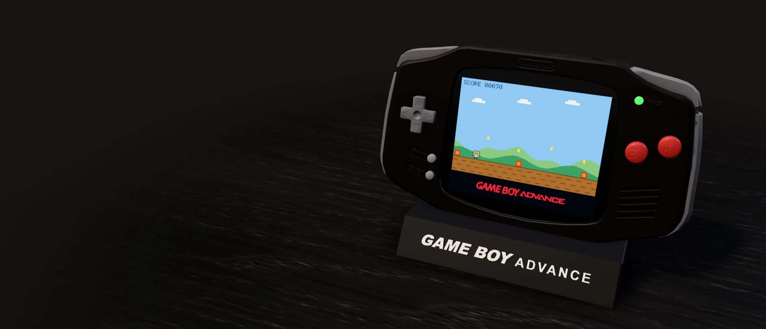 Zwarte Game Boy Advance met rode A- en B-knoppen en een IPS MAX-scherm, samengesteld in de 3D Game Boy Builder